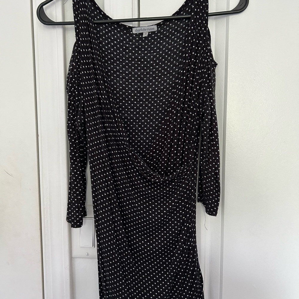 Black surplice polka dot cold shoulder top